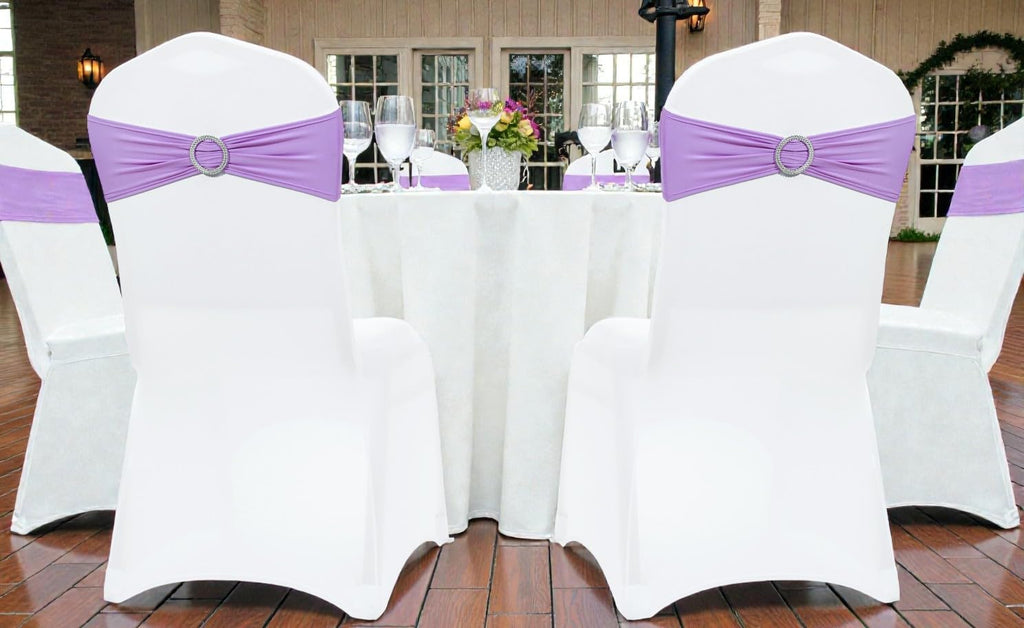 MDS Premium Spandex Chair Sashes - Stretchy Bow Covers with Buckle Slider | Fits Most Dining Chairs - Lavender (Pack of 75)