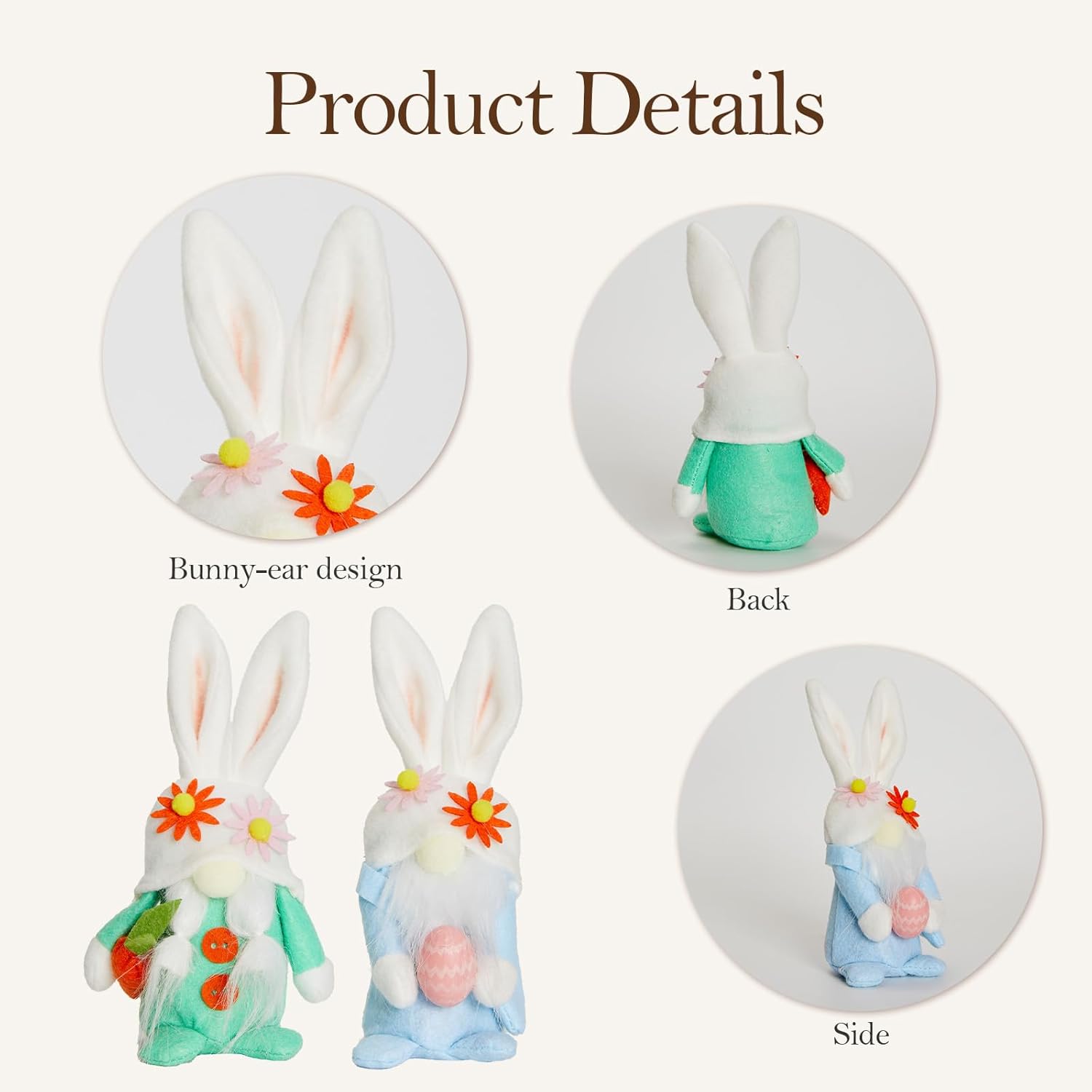 WDS Wondrous Easter Decorations - 2-Pc Soft Bunny Gnome Dolls with Carrot & Egg | Cute Spring Decor for Home