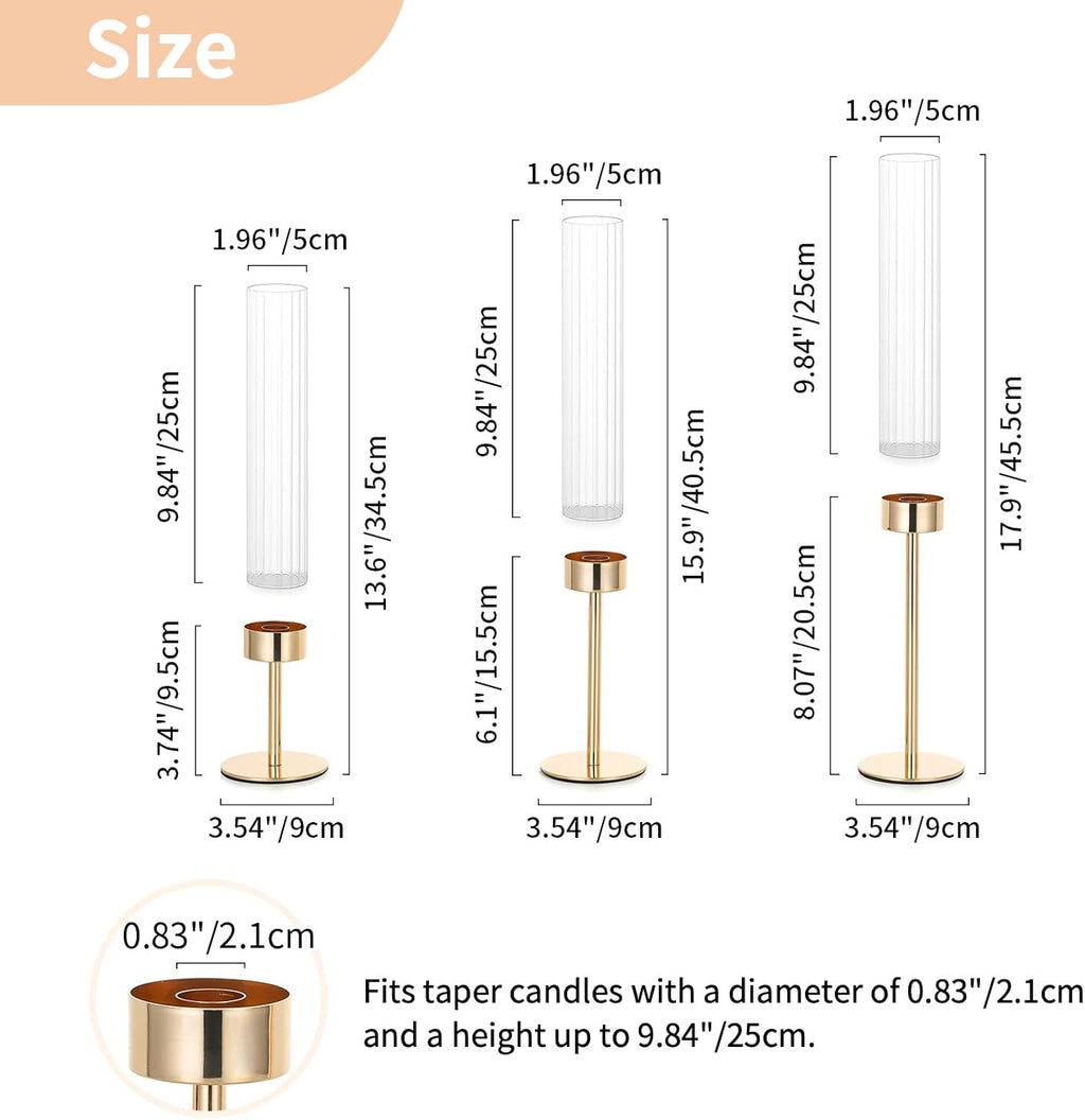 NUPTIO Tall Candlestick Holders - Elegant Hurricane Candle Holders with Ribbed Glass Sleeve | Set of 3 Gold Metal for Table & Fireplace Decor