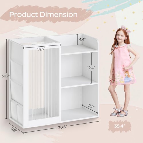 YATINEY Kids Bookshelf and Toy Storage Organizer, 3 Tier Bookcase for Kids Rooms, Book Shelf with Stuffed Animal Storage, Side Oxford Fabric Pockets, for Playroom, Nursery, Bedroom, White CW02WT