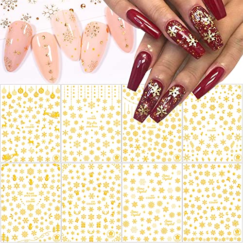Gold Snowflake Nail Art Stickers 8 Sheets 3D Christmas Decals