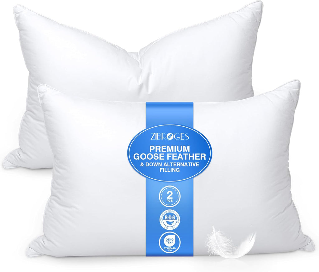Skiennix Feather Pillows Set of 2 | Queen Size Goose Down Hotel Bed Pillows with Soft 600 Thread Count Cotton Cover for All Sleepers