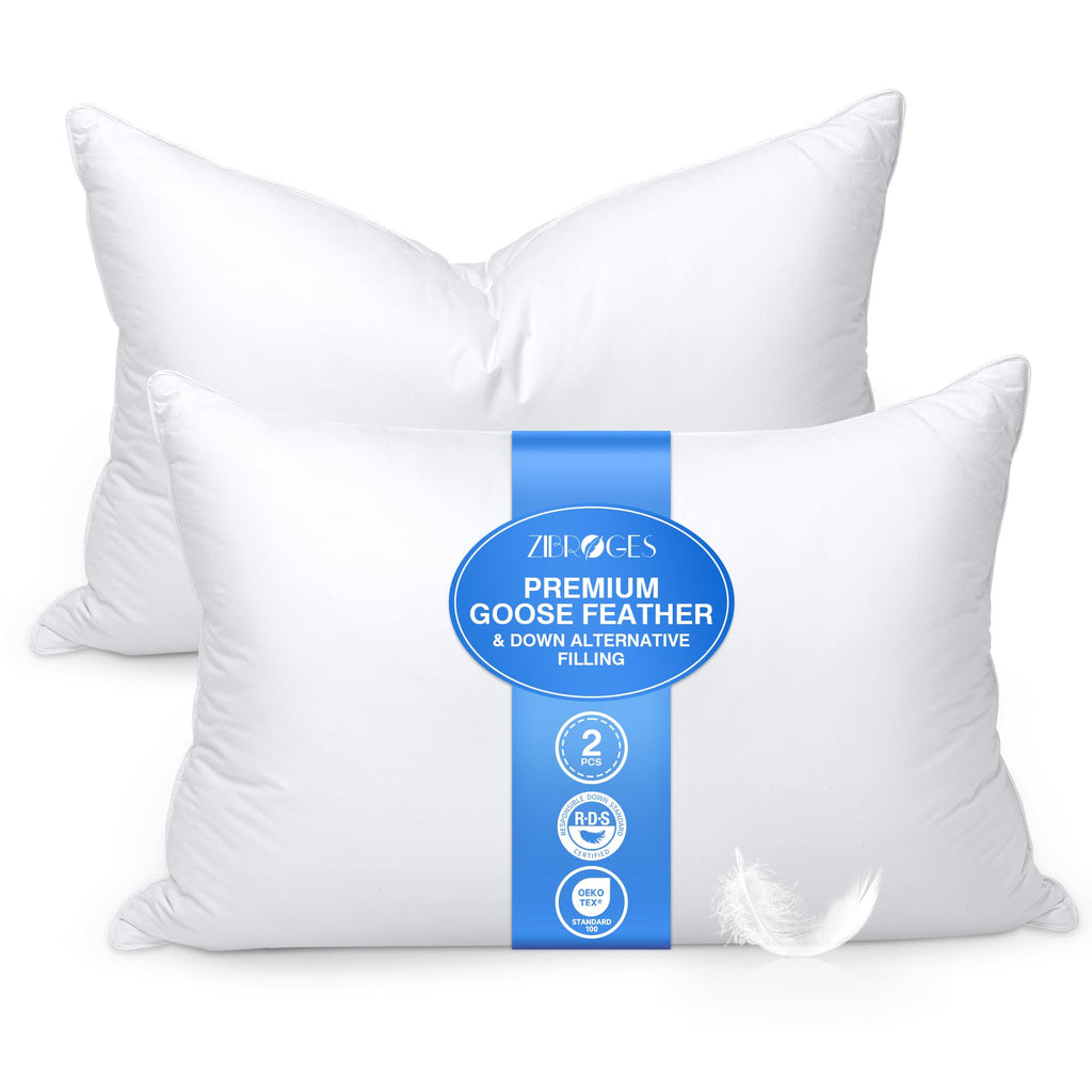 zibroges Goose Feather Pillows Queen Size Pack of 2 - Hotel Down Bed Pillow for Sleeping, Soft 600 Thread Count Cotton Cover, Fluffy Support Surround Fill Polyester for Side, Stomach, Back Sleepers