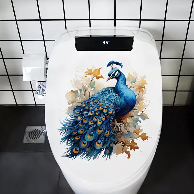 Peacock Blue Floral Toilet Seat Decal - Self-Adhesive Bathroom Sticker