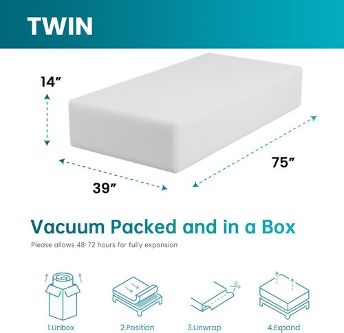 FDW 14-Inch Twin Mattress - Medium Firm Gel Memory Foam | White Bed in a Box | CertiPUR-US Certified, Pressure Relief & Cooling Ventilation