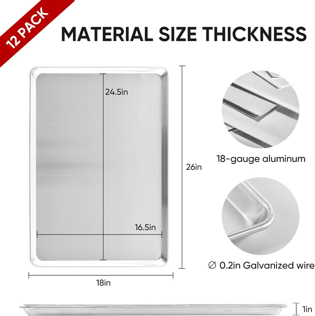 TENUP 12 Pack Aluminum Full Sheet Pans - Heavy Duty 26" x 18" Baking Trays, Warp-Resistant & Rust-Free