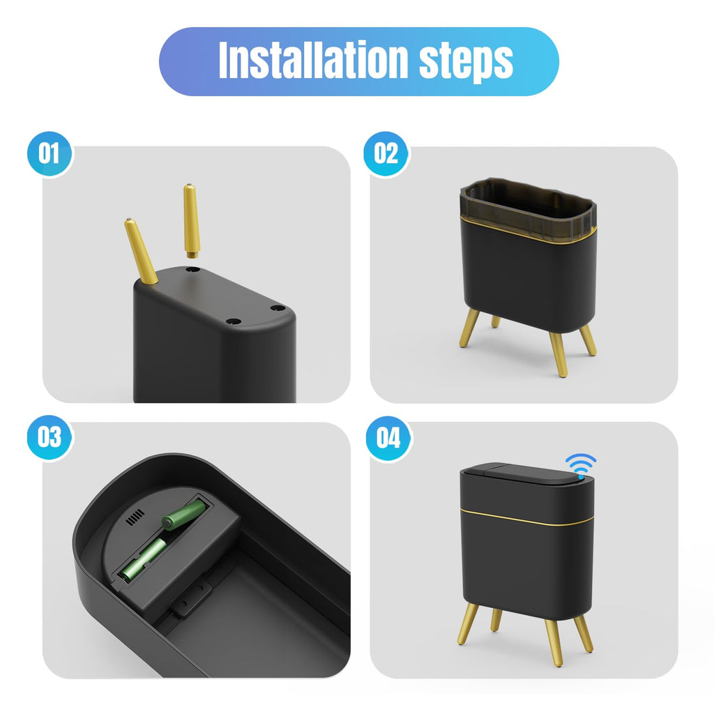 Yatmung Bathroom Trash Can Automatic Touchless Modern Smart Trash Bin - Narrow Waste Basket for Bedroom, Laundry Room, Office, Plastic - Motion Sensor Garbage Can with Lid - Black with Gold Edge