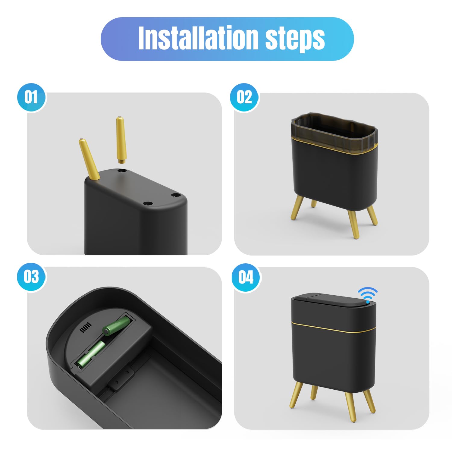 Yatmung Bathroom Trash Can Automatic Touchless Modern Smart Trash Bin - Narrow Waste Basket for Bedroom, Laundry Room, Office, Plastic - Motion Sensor Garbage Can with Lid - Black with Gold Edge