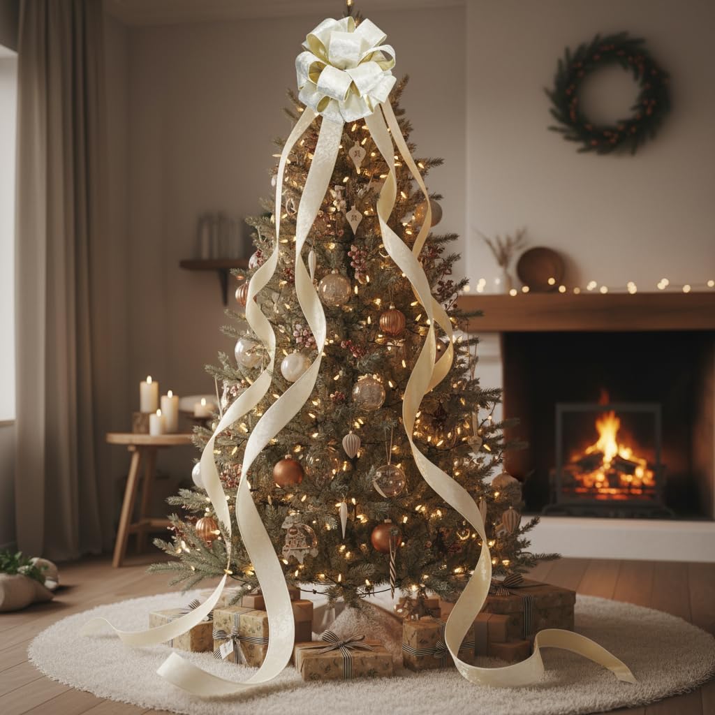 CT CRAFT LLC Ivory Velvet Metallic Backing Christmas Tree Topper Bow 11" with 4 Ribbon Streamers x 3 Yards Long Each for Holidy Elegant Fancy Home Décor Indoor