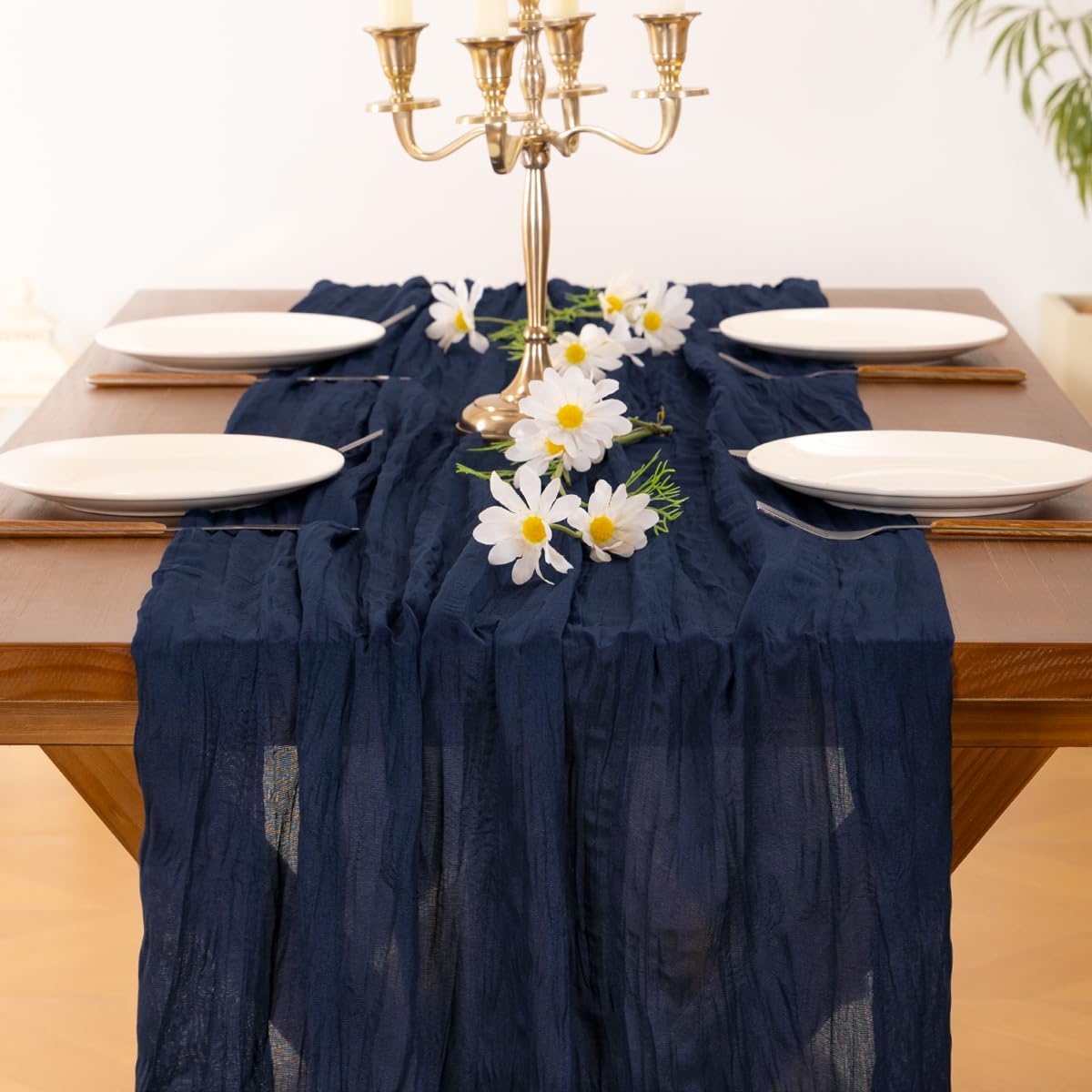 Socomi Cheesecloth Table Runner - 120 Inch Navy Blue Boho Rustic Design for Weddings & Events