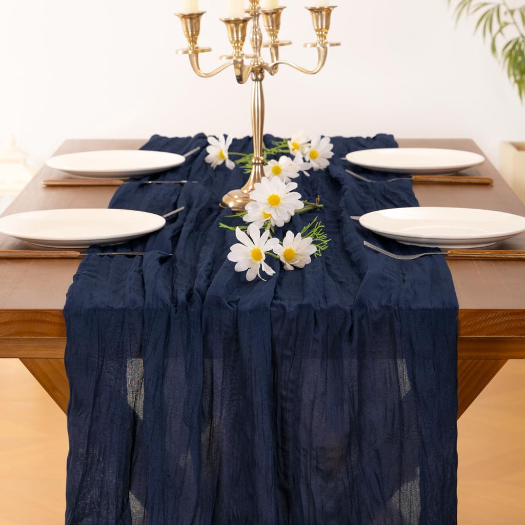 Socomi Cheesecloth Table Runner - 120 Inch Navy Blue Boho Rustic Decor for Weddings & Parties