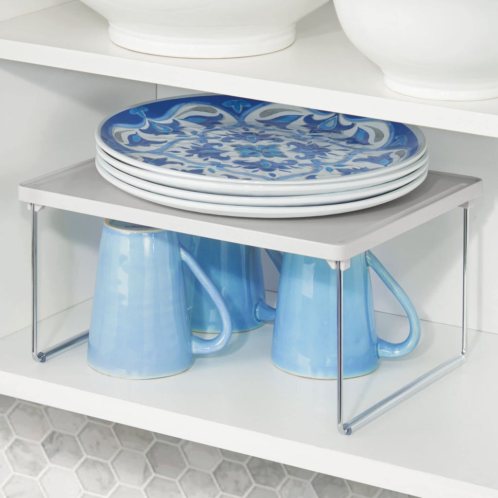 mDesign Metal Stacking Storage Organization for Shelves Inside Cabinets in Kitchen, Pantry, Cupboard, or Fridge/Freezer - Organizer Stand for Food, Plates, Bowls, Mugs, Ligne Collection - Stone Gray