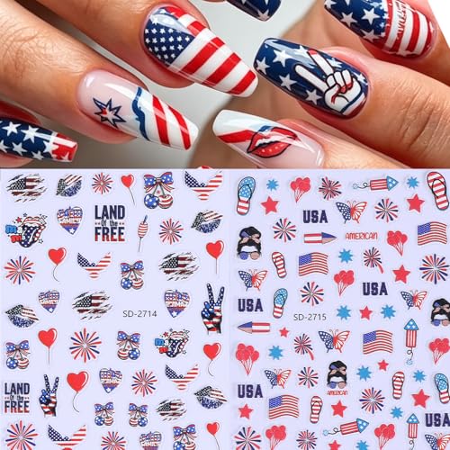 4th of July 5D Embossed Nail Stickers - 6 Sheets Patriotic Stars & Fireworks