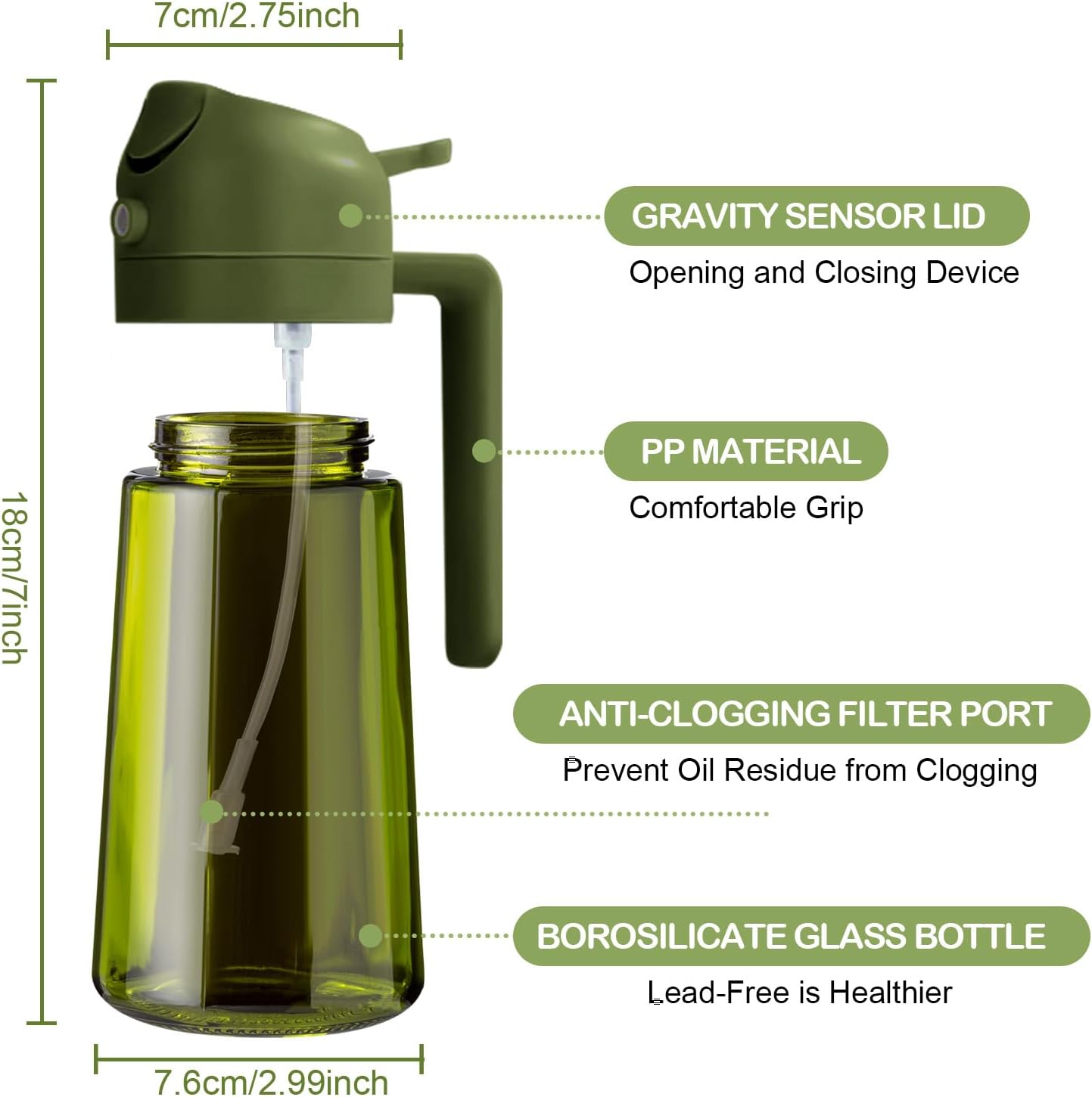 YARRAMATE 16oz Dark Green Oil Sprayer - Food-Grade 2-in-1 Olive Oil Dispenser for Cooking & BBQ