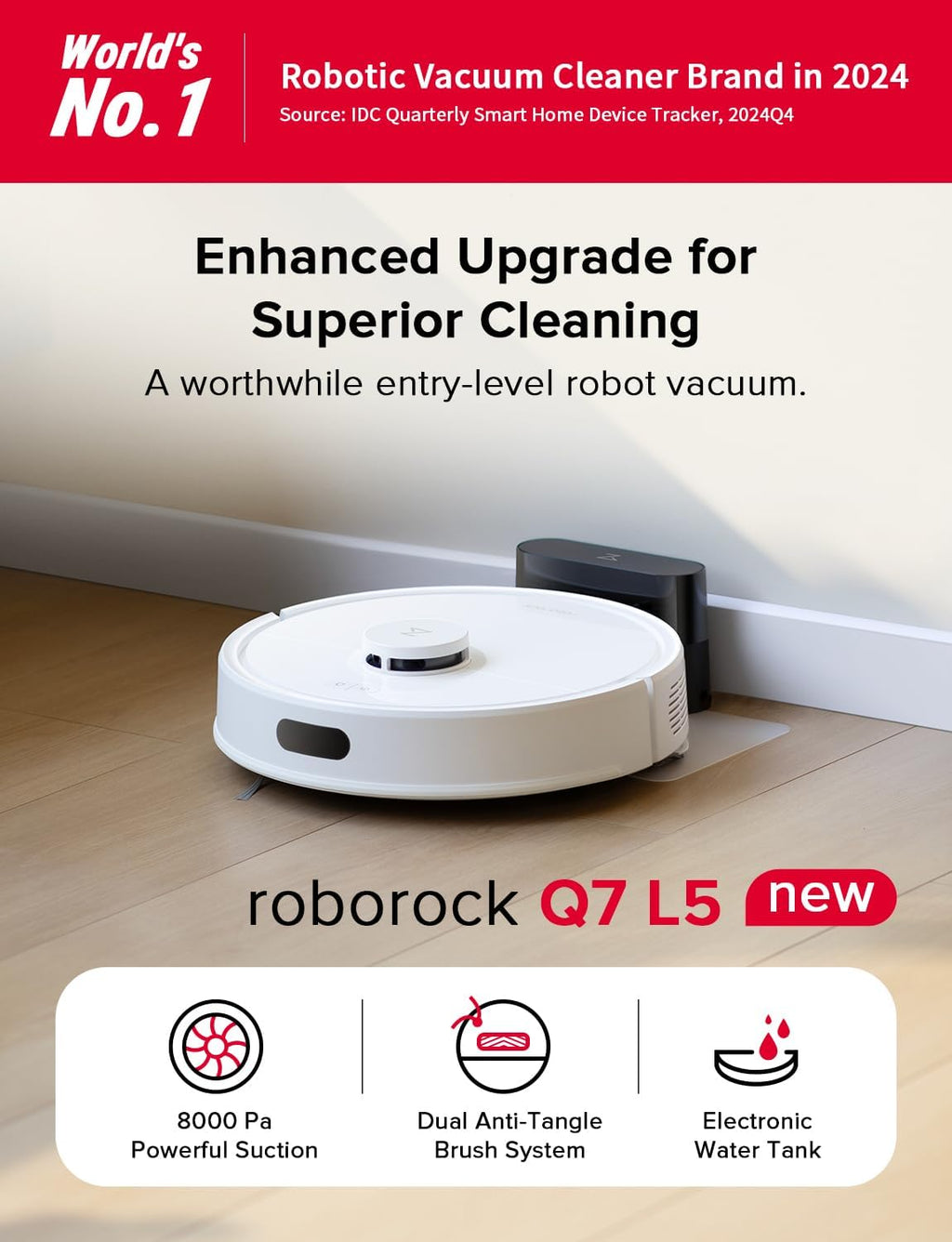 Roborock Q7 L5 Robot Vacuum & Mop Combo - 8,000Pa Suction, LiDAR Navigation, Self-Charging | White
