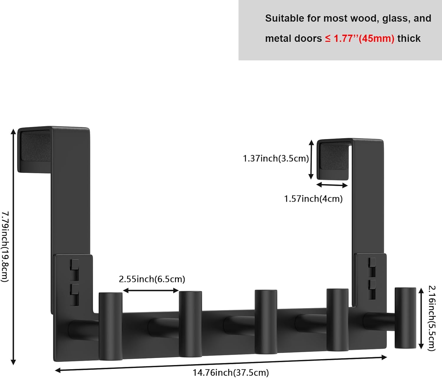 PMMASTO Over The Door Hooks - Coat Rack Organizer & Towel Holder for Bathroom | Black 5 T-Hooks, Fits 1-3/4" Thick Door