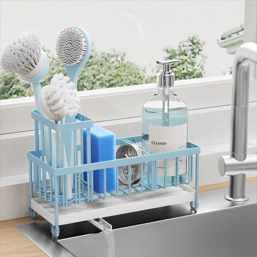 Cisily Kitchen Sink Caddy Organizer - Rustproof 304 Stainless Steel Sponge Holder | Blue, 9.25”