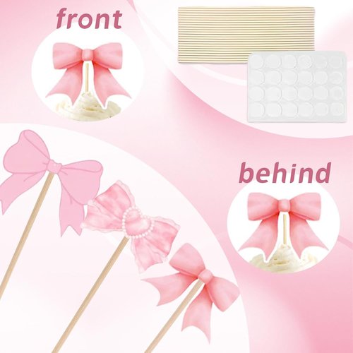 Coquette 48PCS Bow Cupcake Toppers - Pink Bow Cake Decorations for Birthdays & Showers