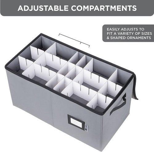 Christmas Ornament Storage Container - Large Zippered Organizer Bin with Dividers for 54 Ornaments | Adjustable Grey Design