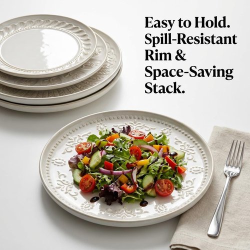Artena Large Ceramic Dinner Plates - Set of 4, 10.75 Inch Embossed Kitchen Salad Plates | Microwave & Dishwasher Safe