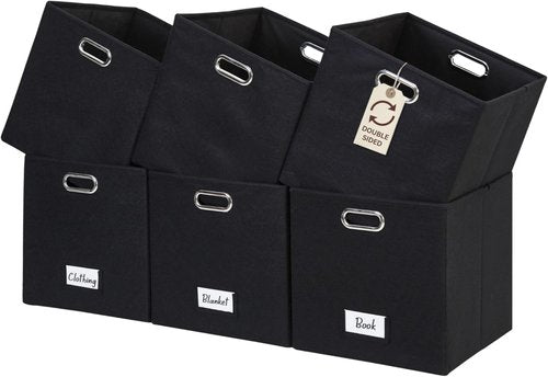 DECOMOMO Black Storage Bins - 11-Inch Cube Felt Baskets with Labels | Set of 6 for Organized Spaces