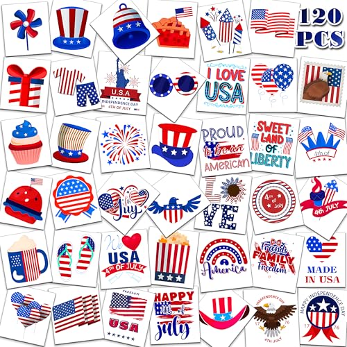 4th of July Temporary Tattoos - 120 PCS USA Flag Patriotic Designs
