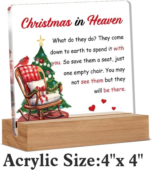 Cardinal Memorial Gift - Christmas In Heaven Empty Chair Sign | 4 x 4 Inches Home Decor