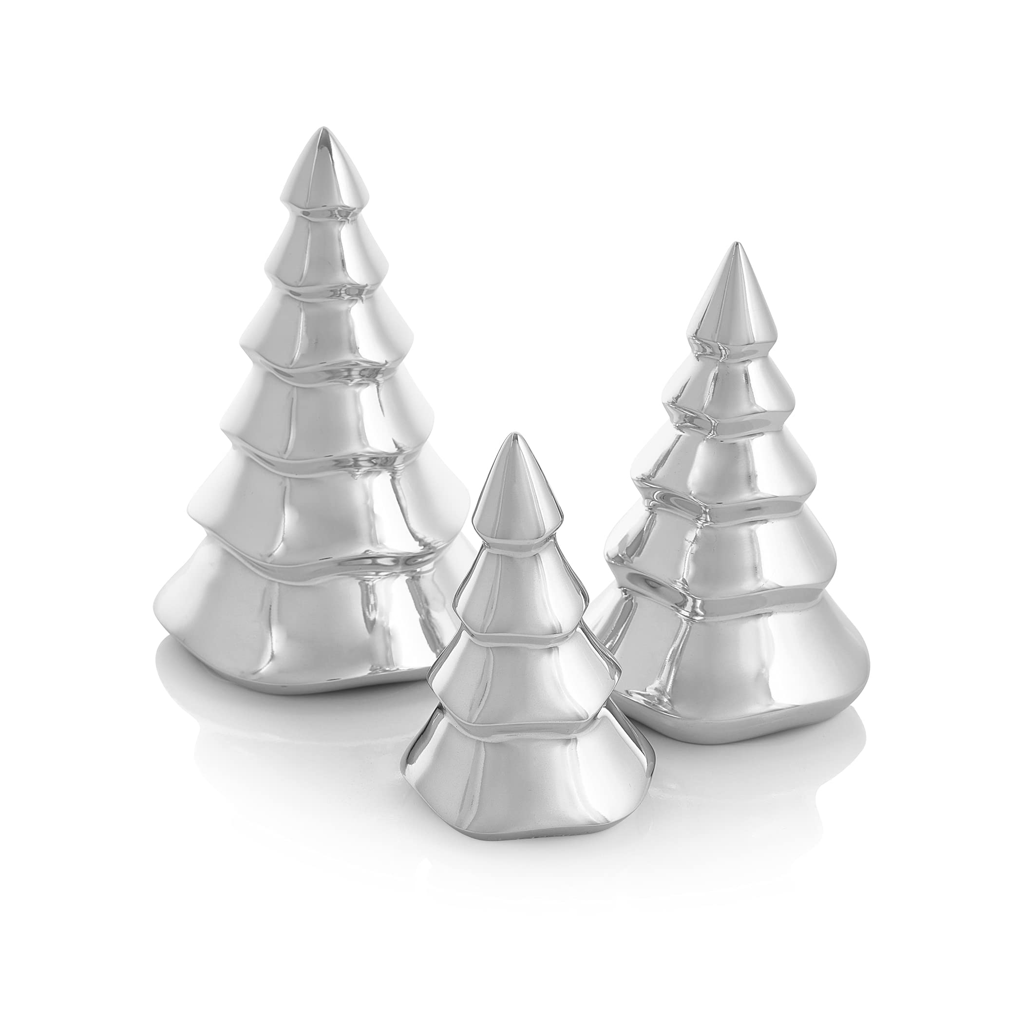 Nambé Holiday Mini Christmas Tree Set – Sculpted Alloy Design with Snowy Accents, Festive Seasonal Decoration for Mantel, Tabletop, or Shelf Display – Three Sizes, Elegant Holiday Collectibles
