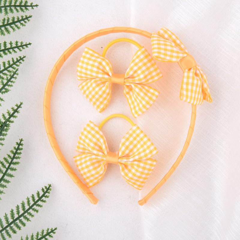 Sudaporn Yellow Plaid Bow Headband & Hair Ties Set for Girls
