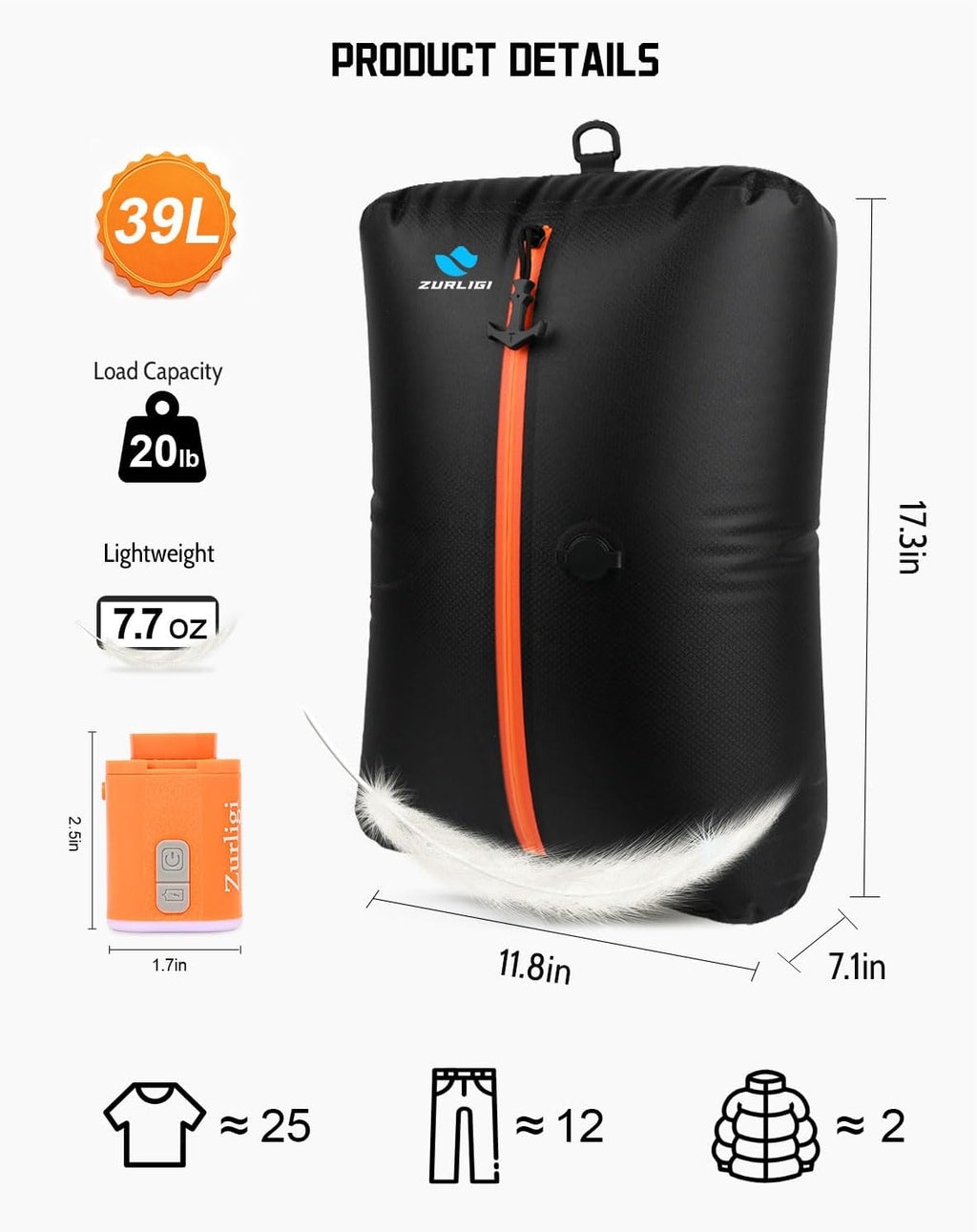 Zurligi Vacuum Compression Bags - 39L Waterproof Packing Cubes with Handle & Mini Pump | Black