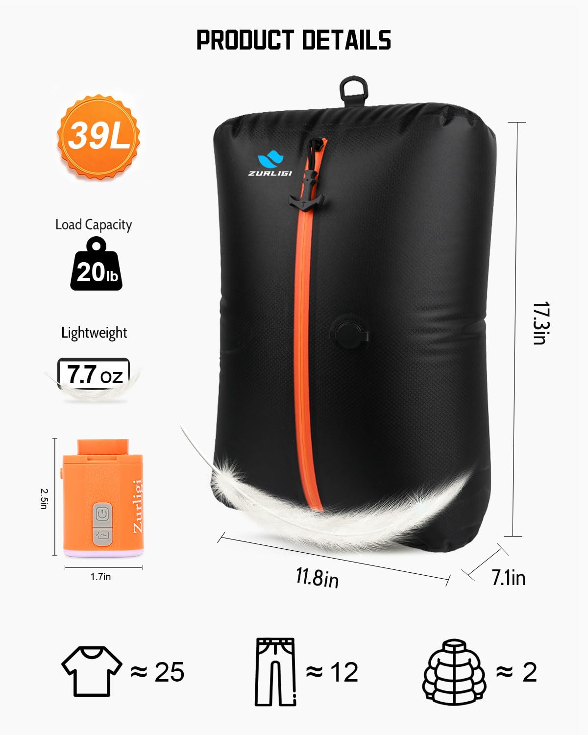 Zurligi Travel Vacuum Compression Bags with Removable Handle & Mini Pump – 39L Reusable IPX8 Waterproof Vacuum Packing Cubes, Vacuum Seal Bags for Clothes, Suitcase & Backpack(2-Pack Black)