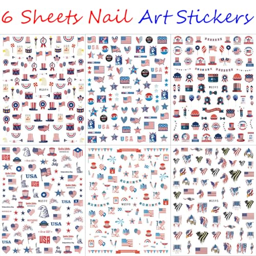 BUNLVDI 6 Sheets 4th of July Independence Day Nail Art Stickers Decals