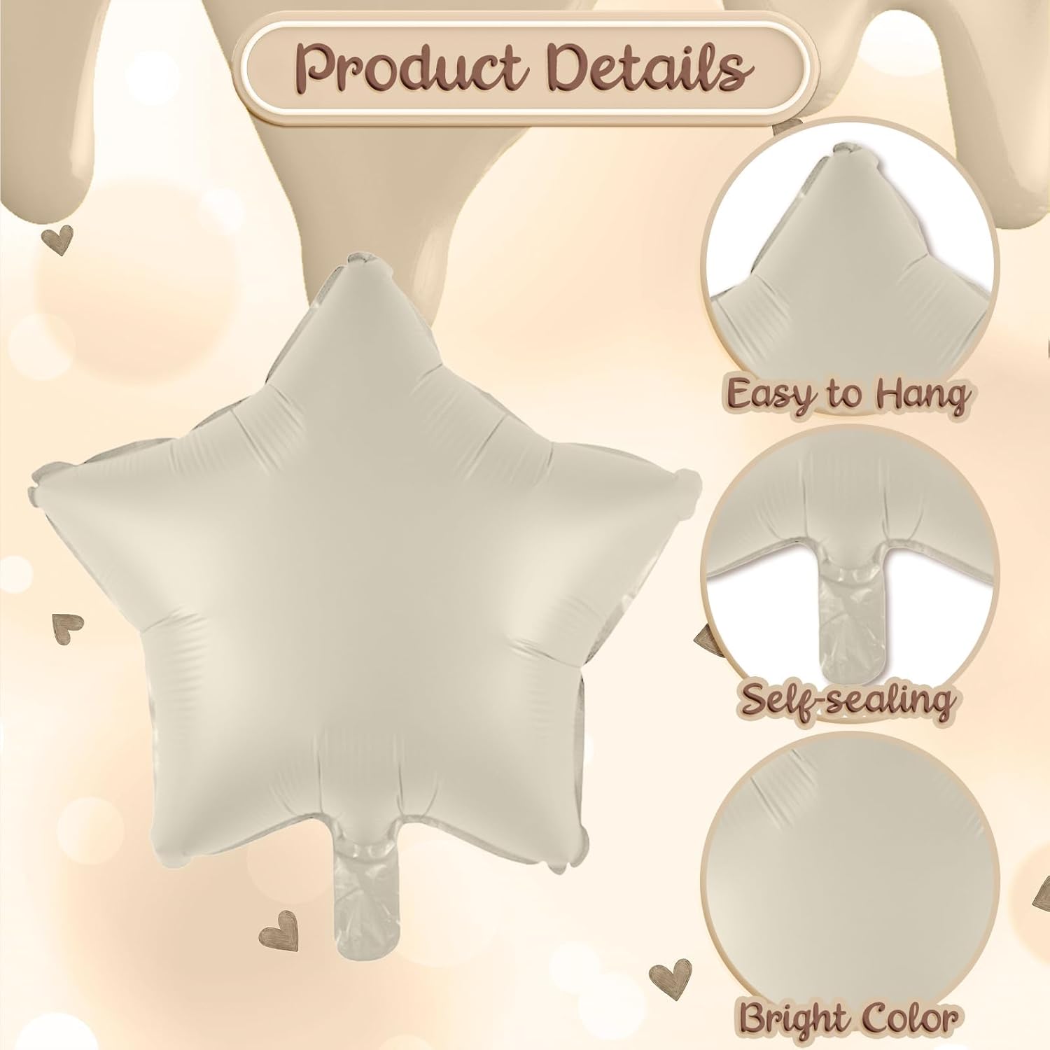 Skiennix 30 Balloons Decor - Beige Nude Apricot Foil Star & Heart Balloons | 40'' White Sand Helium Number 30 for 30th Birthday & Wedding Anniversary Celebrations