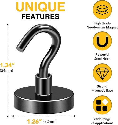 DIYMAG Magnetic Garage Hooks - Heavy Duty 120lbs Capacity | 10 Pack for Kitchen, Classroom & Grills - Black