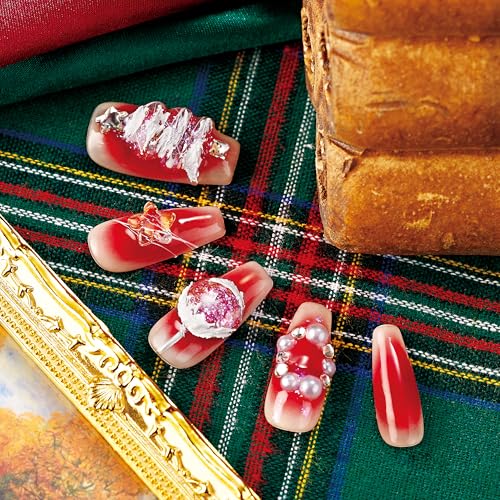 WISHDIAM Handmade Christmas Tree Press On Nails 3D Reusable Gel Nails Large