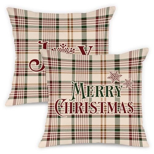 Christmas Throw Pillow Covers Set of 2 - White 20x20 Plaid Holiday Decor