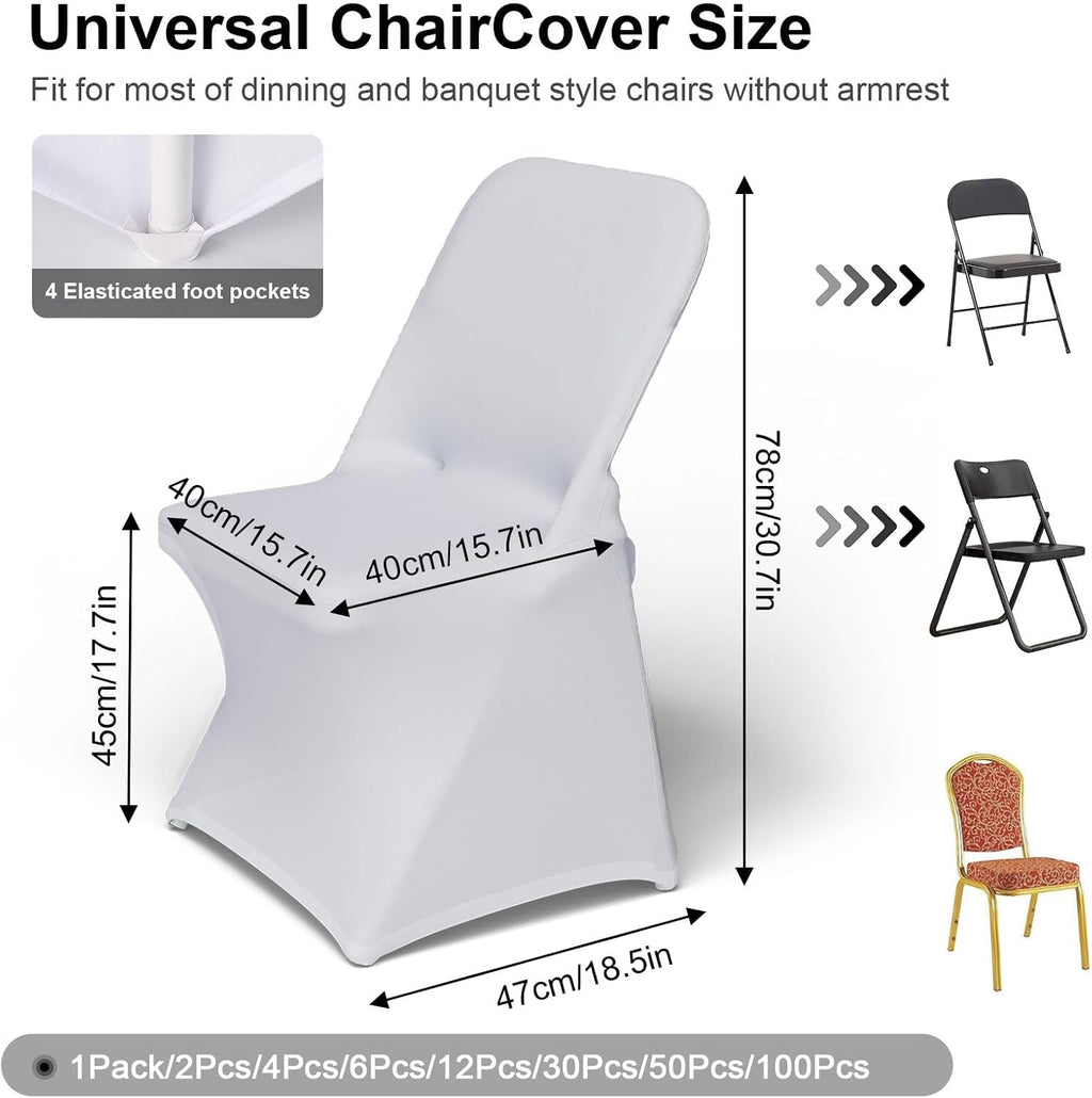 Trlyc Spandex Chair Covers - 100 Pcs Universal Fitted Slipcovers for Weddings & Banquets | White