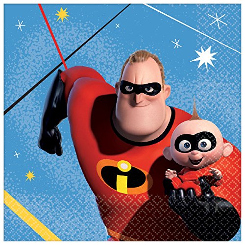 The Incredibles Birthday Party Supplies Bundle Pack Includes 16 Paper Plates, 16 Napkins, 12 Piece Hanging Swirl Decorations, 16 Loot Bags, 8 Sticker Sheets