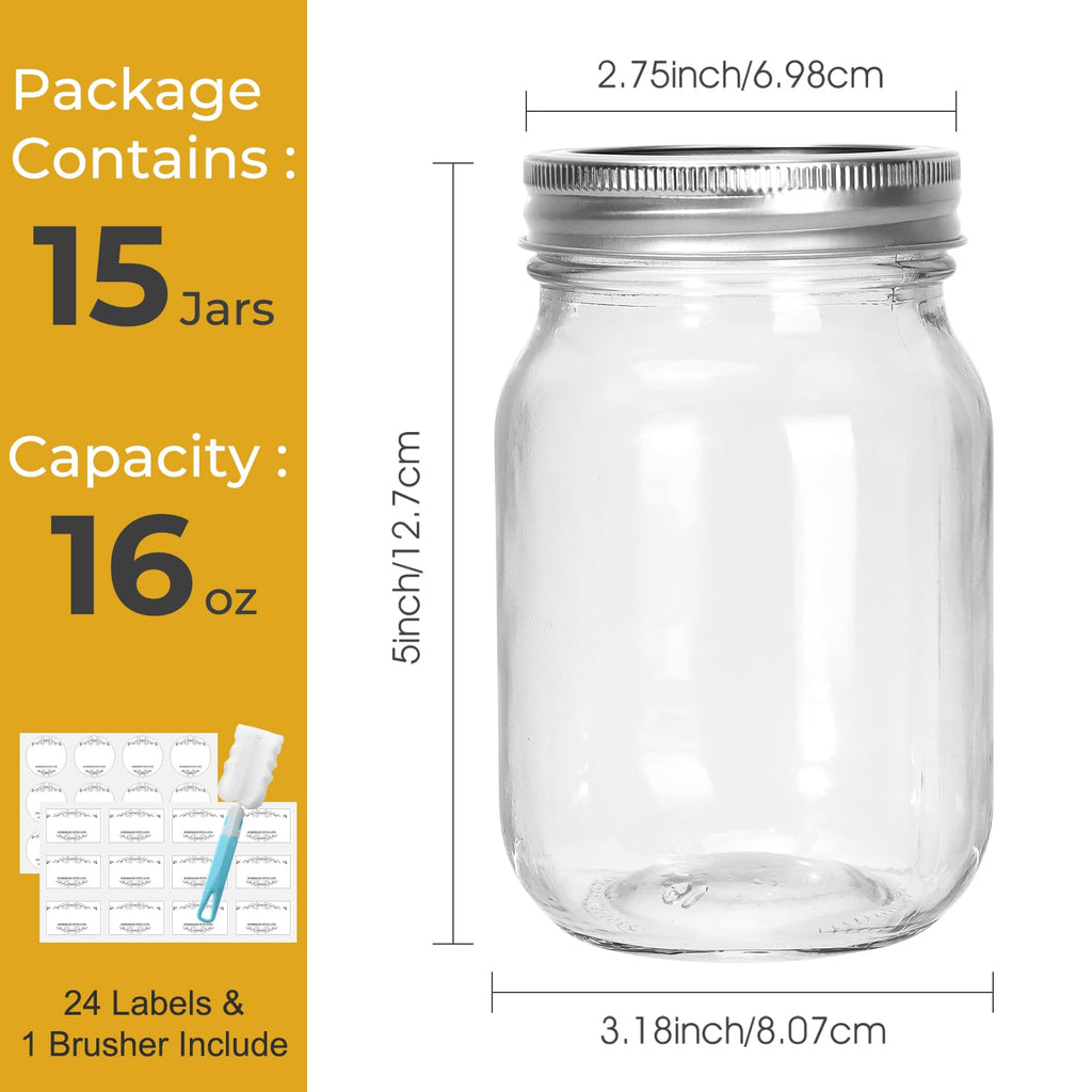 CycleMore 16 oz Mason Jars With Airtight Lids and Brands 15 Pack Glass Canning Jars with Regular Mouth, Pint Clear Glass Jar For DIY Projects, Food Storage and Fermenting with Brush & 24 Labels