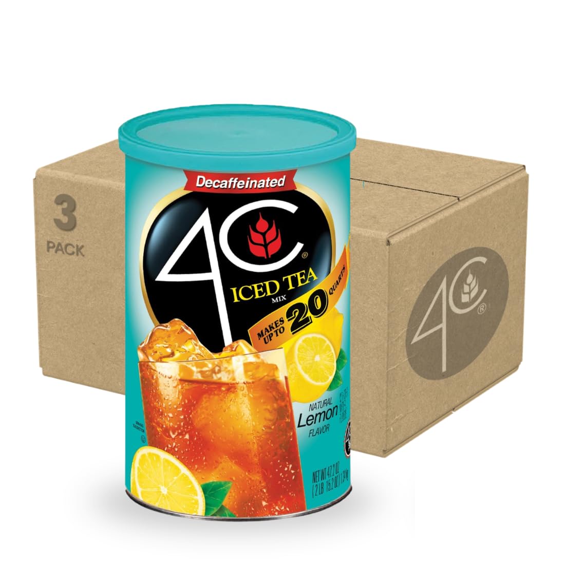 4C Powdered Drink Mix Cannisters, Decaffeinated Iced Tea 3 Pack, 20 Quarts, Family Sized Cannister, Thirst Quenching & Refreshing Flavors