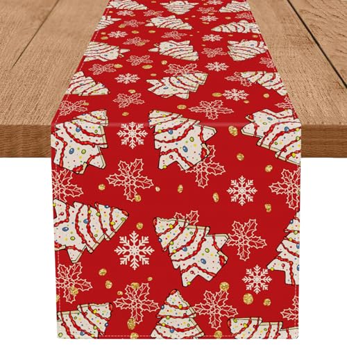 Christmas Tree Cake Table Runner Red 13x48 Inch Holiday Kitchen Dining Decor