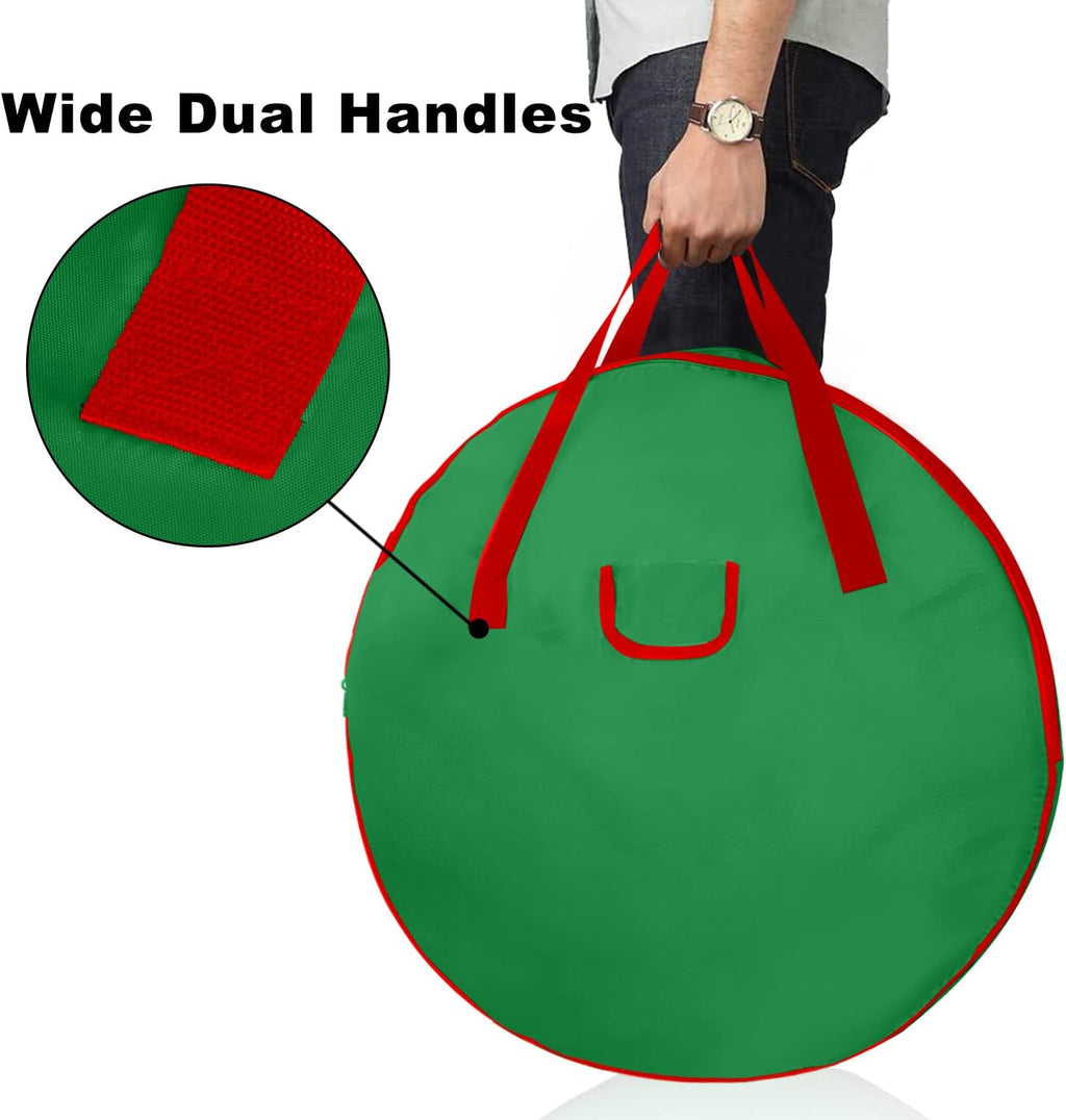 TQS 25" Christmas Wreath Storage Bag - Heavy Duty Container with Reinforced Handle & Double Zipper - Green