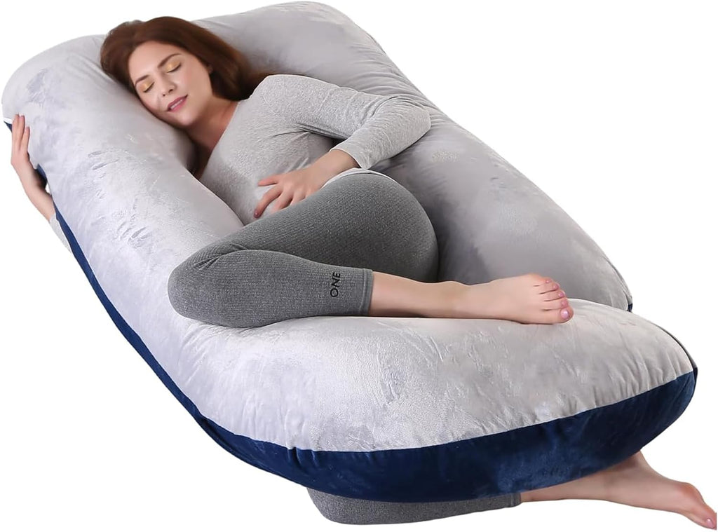 Skiennix 60 Inch U-Shaped Pregnancy Pillow - Cooling Full Body Maternity Support with Washable Velvet Cover | Light Grey & Blue