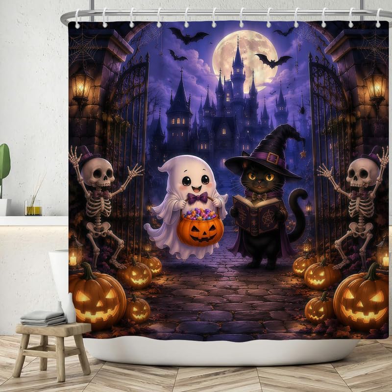 Cute Ghost Cat Halloween Shower Curtain 72x72 in Waterproof