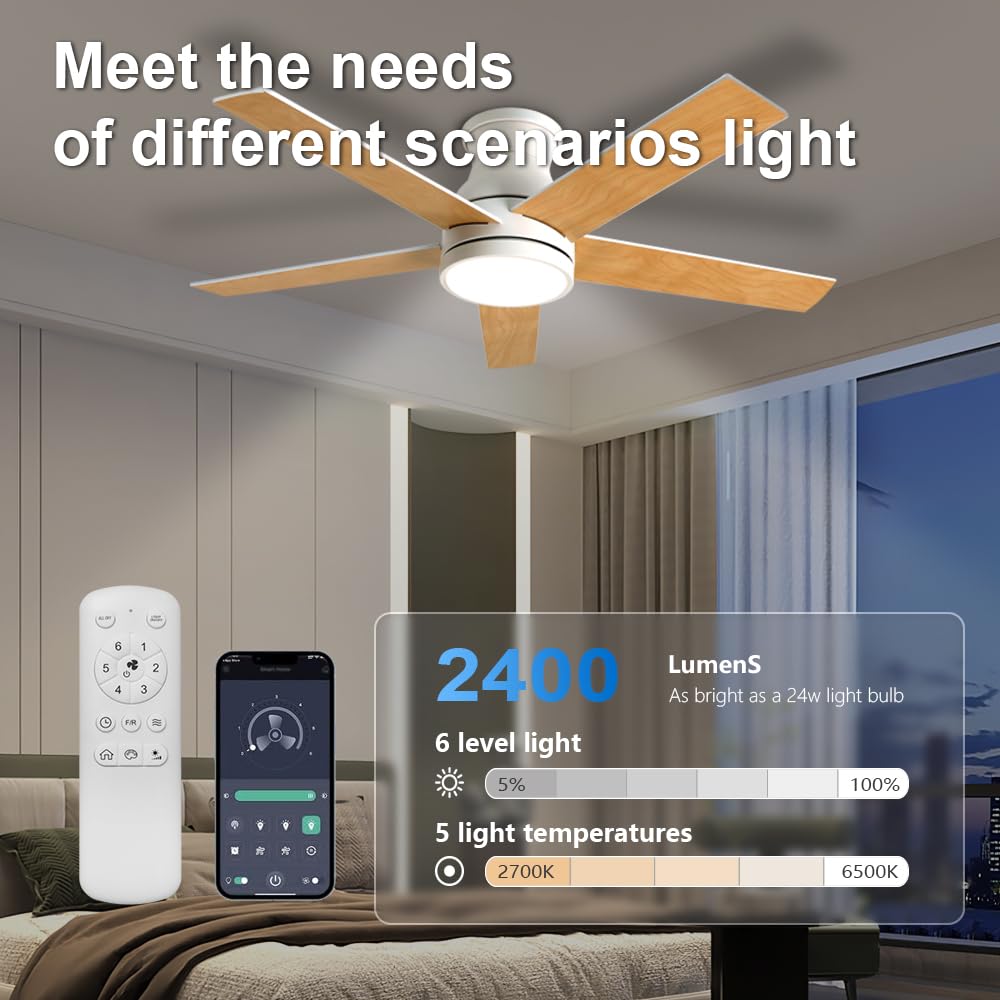 natawinnd 42 inch flush mount ceiling fan with light and Remote Control.5 Blade black ceiling fan flush mount,6 speed Quiet Reversible DC Motor,Low Profile Ceiling Fans for Living Room Bedroom