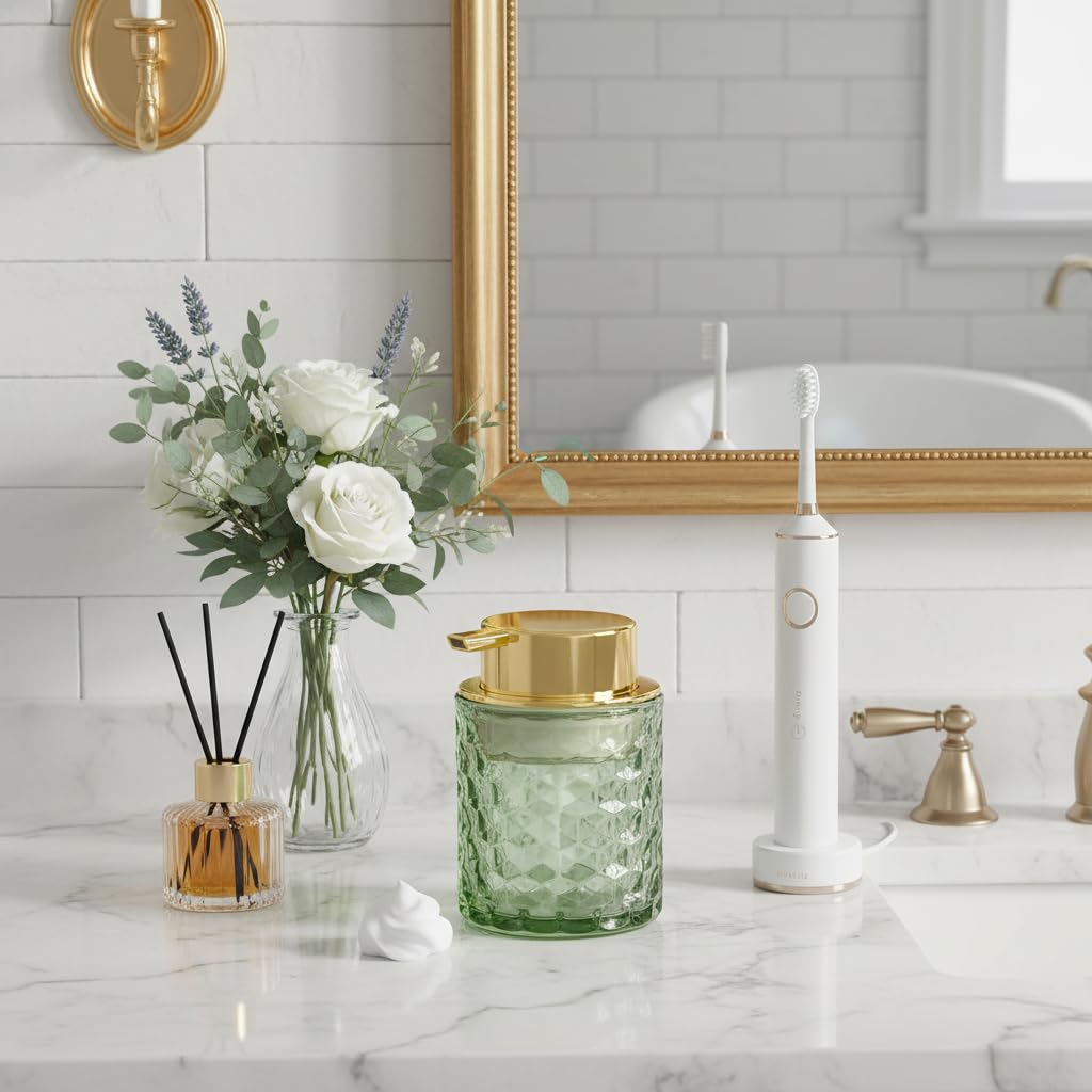 Fvstar 10 Oz Glass Hand Soap Dispenser with Pump, Refillable Bathroom Gold Foaming Soap Dispenser, Vintage Glass Diamond Lotion Container Bottle for Bathroom and Kitchen (1, Green and Gold)