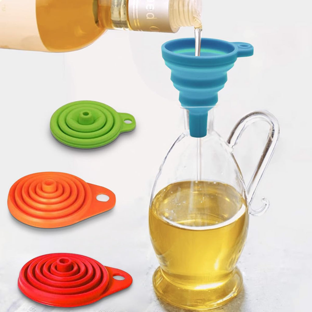 Skiennix Kitchen Funnel Set - 4 Pack of Foldable Silicone Collapsible Funnels for Easy Liquid Transfer