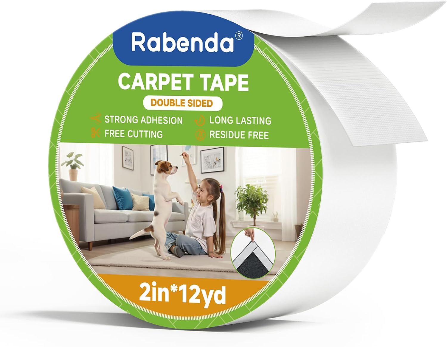 Rabenda Double-Sided Carpet Tape - 2 Inch x 12 Yards Removable Rug Tape for Hardwood & Tile Floors - Strong Hold, No Residue Anti-Slip Gripper