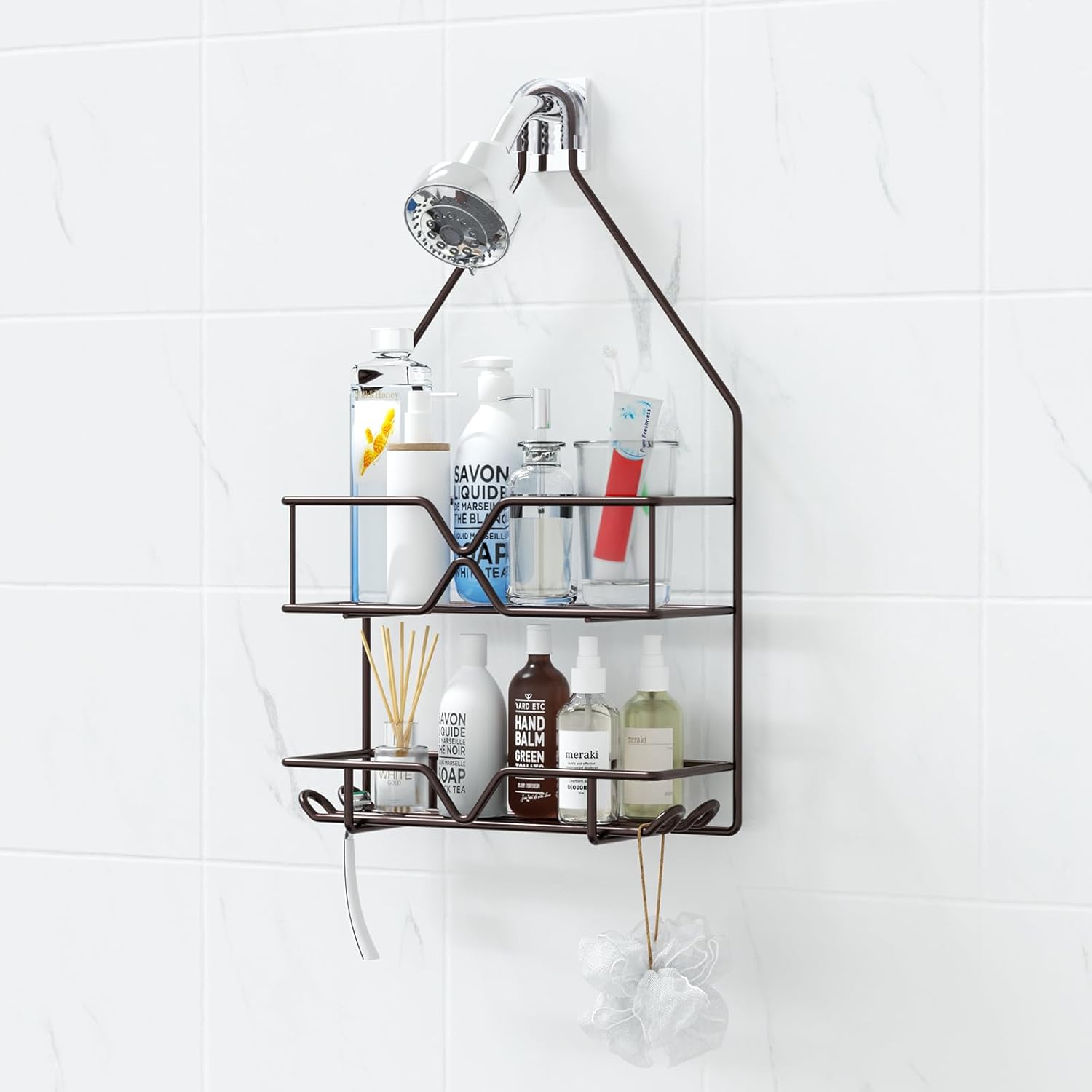 TreeLen Shower Caddy - Over Shower Head Bathroom Organizer with 4 Hooks for Shampoo - Bronze Finish