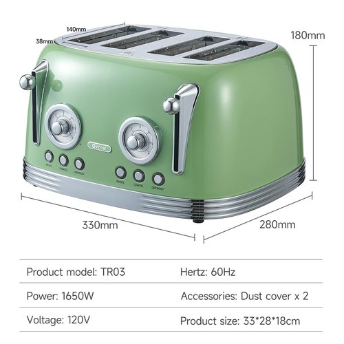 Wiltal 4 Slice Toaster, Retro Green Toaster, Bagel, With Stainless Steel Lid. Reheat, Defrost and Cancel Functions, Countdown Function, 6 Browning Levels, Stainless Steel Material, TR03